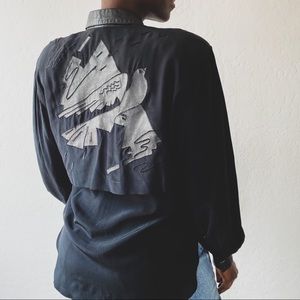 Vtg Silk Blouse with Faux Leather Bird Appliqué